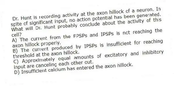 Dr. Hunt is recording activity at the axon hillock of a neuron. In spite of significant input, no action potential has been generated. What will Dr. Hunt probably conclude about the activity of this cell?
A) The current from the EPSPs and IPSPs is not reaching the axon hillock properly.
B) The current produced by IPSPs is insufficient for reaching threshold at the axon hillock.
C) Approximately equal amounts of excitatory and inhibitory input are canceling each other out.
D) Insufficient calcium has entered the axon hillock.