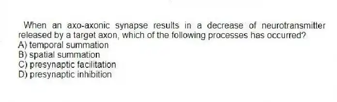 When an axo-axonic synapse results in a decrease of neurotransmitter released by a target axon, which of the following processes has occurred?
A) temporal summation
B) spatial summation
C) presynaptic facilitation
D) presynaptic inhibition