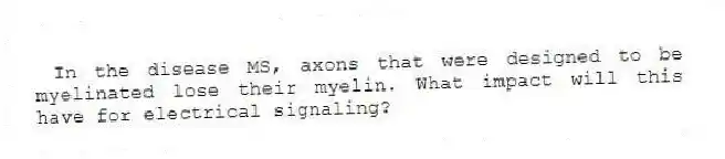 In the disease MS, axons that were designed to be myelinated lose their myelin. What impact will this have for electrical signaling?