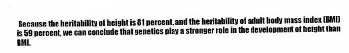 Because the heritability of height is 81 percent, and the heritability of adult body mass index (BMI) is 59 percent, we can conclude that genetics play a stronger role in the development of height than BMI.