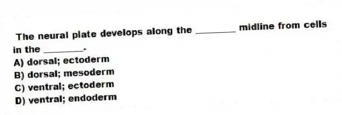 The neural plate develops along the _________ midline from cells in the _________.
A) dorsal; ectoderm
B) dorsal; mesoderm
C) ventral; ectoderm
D) ventral; endoderm