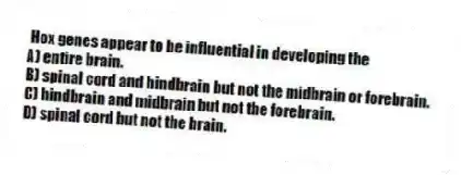 Hox genes appear to be influential in developing the
A) entire brain.
B) spinal cord and hindbrain but not the midbrain or forebrain.
C) hindbrain and midbrain but not the forebrain.
D) spinal cord but not the brain.