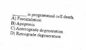 ______ is programmed cell death.
A) Fasciculation
B) Apoptosis
C) Anterograde degeneration
D) Retrograde degeneration