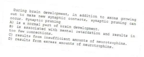 During brain development, in addition to axons growing out to make new synaptic contacts, synaptic pruning can occur. Synaptic pruning
A) is a normal part of brain development.
B) is associated with mental retardation and results in too few connections.
C) results from insufficient amounts of neurotrophins.
D) results from excess amounts of neurotrophins.