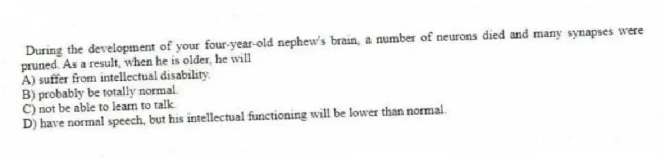 During the development of your four-year-old nephew's brain, a number of neurons died and many synapses were pruned. As a result, when he is older, he will
A) suffer from intellectual disability.
B) probably be totally normal.
C) not be able to learn to talk.
D) have normal speech, but his intellectual functioning will be lower than normal.