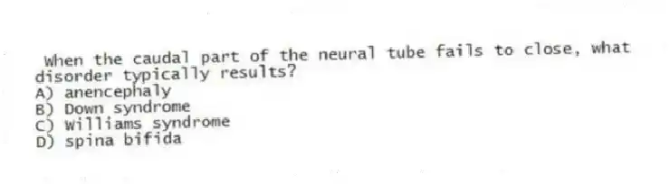 When the caudal part of the neural tube fails to close, what disorder typically results?
A) anencephaly
B) Down syndrome
C) Williams syndrome
D) spina bifida