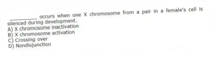 _________ occurs when one X chromosome from a pair in a female's cell is silenced during development.
A) X chromosome inactivation
B) X chromosome activation
C) Crossing over
D) Nondisjunction