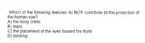 Which of the following features do NOT contribute to the protection of the human eye?
A) the bony orbits
B) tears
C) the placement of the eyes toward the front
D) blinking