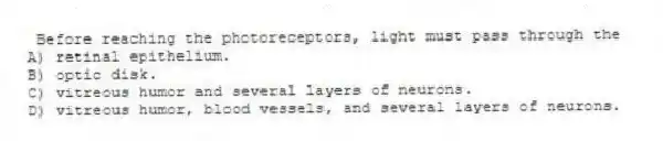 Before reaching the photoreceptors, light must pass through the
A) retinal epithelium.
B) optic disk.
C) vitreous humor and several layers of neurons.
D) vitreous humor, blood vessels, and several layers of neurons.