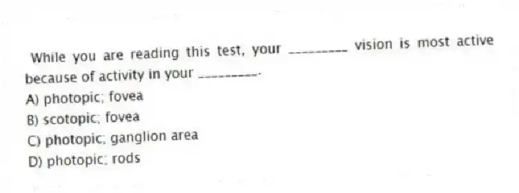 While you are reading this test, your _________ vision is most active because of activity in your _________.
A) photopic; fovea
B) scotopic; fovea
C) photopic; ganglion area
D) photopic; rods
