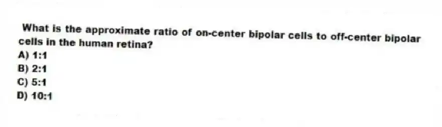 What is the approximate ratio of on-center bipolar cells to off-center bipolar cells in the human retina?
A) 1:1
B) 2:1
C) 5:1
D) 10:1