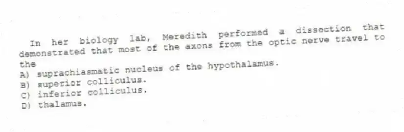 In her biology lab, Meredith performed a dissection that demonstrated that most of the axons from the optic nerve travel to the
A) suprachiasmatic nucleus of the hypothalamus.
B) superior colliculus.
C) inferior colliculus.
D) thalamus.