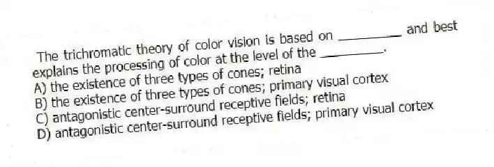 The trichromatic theory of color vision is based on _________ and best explains the processing of color at the level of the _________.
A) the existence of three types of cones; retina
B) the existence of three types of cones; primary visual cortex
C) antagonistic center-surround receptive fields; retina
D) antagonistic center-surround receptive fields; primary visual cortex