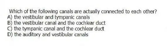 Which of the following canals are actually connected to each other?
A) the vestibular and tympanic canals
B) the vestibular canal and the cochlear duct
C) the tympanic canal and the cochlear duct
D) the auditory and vestibular canals