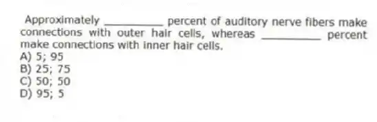 Approximately _________ percent of auditory nerve fibers make connections with outer hair cells, whereas _________ percent make connections with inner hair cells.
A) 5; 95
B) 25; 75
C) 50; 50
D) 95; 5