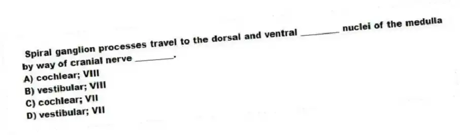 Spiral ganglion processes travel to the dorsal and ventral _________ nuclei of the medulla by way of cranial nerve _________.
A) cochlear; VIII
B) vestibular; VIII
C) cochlear; VII
D) vestibular; VII