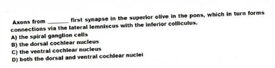 Axons from ________ first synapse in the superior olive in the pons, which in turn forms connections via the lateral lemniscus with the inferior colliculus.
A) the spiral ganglion cells
B) the dorsal cochlear nucleus
C) the ventral cochlear nucleus
D) both the dorsal and ventral cochlear nuclei