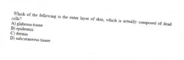 Which of the following is the outer layer of skin, which is actually composed of dead cells?
A) glabrous tissue
B) epidermis
C) dermis
D) subcutaneous tissue