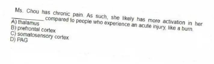 Ms. Chou has chronic pain. As such, she likely has more activation in her ___________ compared to people who experience an acute injury, like a burn.
A) thalamus
B) prefrontal cortex
C) somatosensory cortex
D) PAG