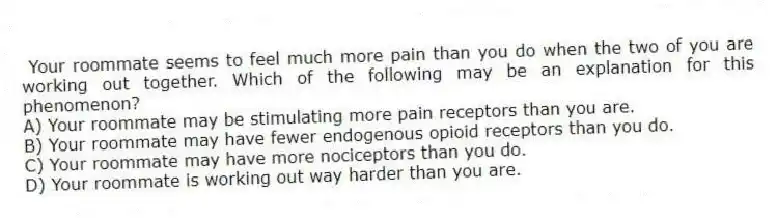 Your roommate seems to feel much more pain than you do when the two of you are working out together. Which of the following may be an explanation for this phenomenon?
A) Your roommate may be stimulating more pain receptors than you are.
B) Your roommate may have fewer endogenous opioid receptors than you do.
C) Your roommate may have more nociceptors than you do.
D) Your roommate is working out way harder than you are.