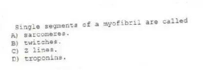 Single segments of a myofibril are called
A) sarcomeres.
B) twitches.
C) Z lines.
D) troponins.