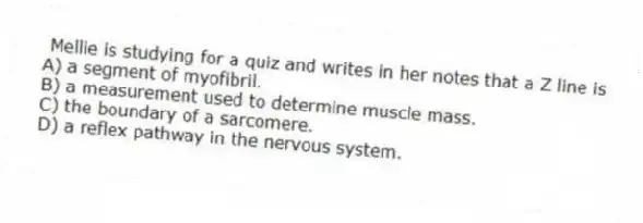 Mellie is studying for a quiz and writes in her notes that a Z line is
A) a segment of myofibril.
B) a measurement used to determine muscle mass.
C) the boundary of a sarcomere.
D) a reflex pathway in the nervous system.
