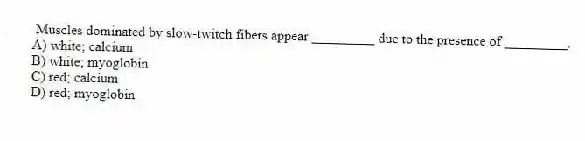 Muscles dominated by slow-twitch fibers appear _________ due to the presence of _________.
A) white; calcium
B) white; myoglobin
C) red; calcium
D) red; myoglobin