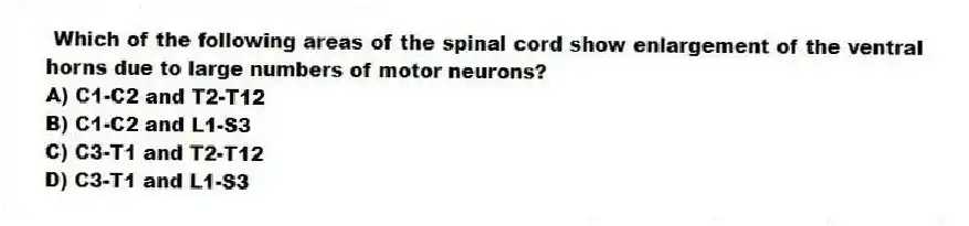Which of the following areas of the spinal cord show enlargement of the ventral horns due to large numbers of motor neurons?
A) C1-C2 and T2-T12
B) C1-C2 and L1-S3
C) C3-T1 and T2-T12
D) C3-T1 and L1-S3
