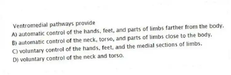 Ventromedial pathways provide
A) automatic control of the hands, feet, and parts of limbs farther from the body.
B) automatic control of the neck, torso, and parts of limbs close to the body.
C) voluntary control of the hands, feet, and the medial sections of limbs.
D) voluntary control of the neck and torso.