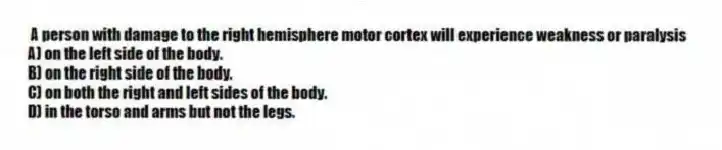A person with damage to the right hemisphere motor cortex will experience weakness or paralysis
A) on the left side of the body.
B) on the right side of the body.
C) on both the right and left sides of the body.
D) in the torso and arms but not the legs.