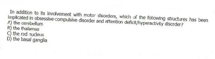 In addition to its involvement with motor disorders, which of the following structures has been implicated in obsessive-compulsive disorder and attention deficit/hyperactivity disorder?
A) the cerebellum
B) the thalamus
C) the red nucleus
D) the basal ganglia