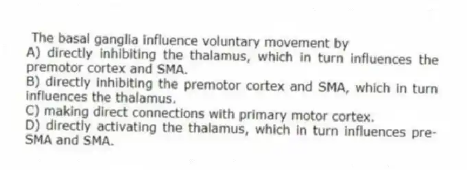The basal ganglia influence voluntary movement by
A) directly inhibiting the thalamus, which in turn influences the premotor cortex and SMA.
B) directly inhibiting the premotor cortex and SMA, which in turn influences the thalamus.
C) making direct connections with primary motor cortex.
D) directly activating the thalamus, which in turn influences pre-SMA and SMA.