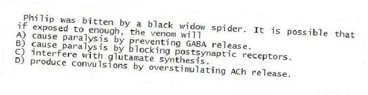 Philip was bitten by a black widow spider. It is possible that if exposed to enough, the venom will
A) cause paralysis by preventing GABA release.
B) cause paralysis by blocking postsynaptic receptors.
C) interfere with glutamate synthesis.
D) produce convulsions by overstimulating ACh release.
