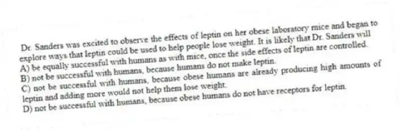 Dr. Sanders was excited to observe the effects of leptin on her obese laboratory mice and began to explore ways that leptin could be used to help people lose weight. It is likely that Dr. Sanders will
A) be equally successful with humans as with mice, once the side effects of leptin are controlled.
B) not be successful with humans, because humans do not make leptin.
C) not be successful with humans, because obese humans are already producing high amounts of leptin and adding more would not help them lose weight.
D) not be successful with humans, because obese humans do not have receptors for leptin.