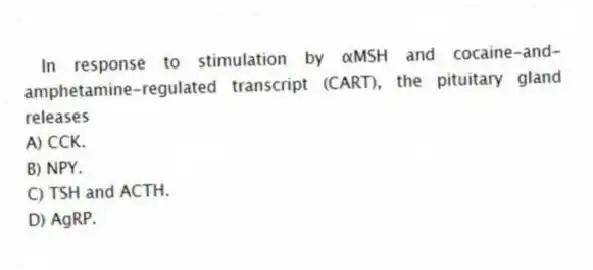 In response to stimulation by αMSH and cocaine-and-amphetamine-regulated transcript (CART), the pituitary gland releases
A) CCK.
B) NPY.
C) TSH and ACTH.
D) AgRP.