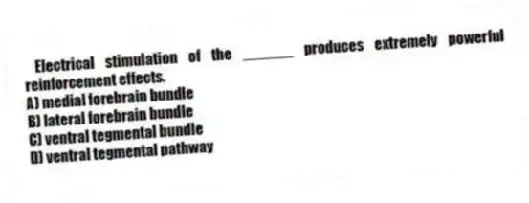 Electrical stimulation of the ______ produces extremely powerful reinforcement effects.
A) medial forebrain bundle
B) lateral forebrain bundle
C) ventral tegmental bundle
D) ventral tegmental pathway