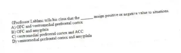 0Professor Lablanc tells his class that the ______ assign positive or negative value to situations.
A) OFC and ventromedial prefrontal cortex
B) OFC and amygdala
C) ventromedial prefrontal cortex and ACC
D) ventromedial prefrontal cortex and amygdala