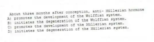 About three months after conception, anti- Müllerian hormone
A) promotes the development of the Wolffian system.
B) initiates the degeneration of the Wolffian system.
C) promotes the development of the Müllerian system.
D) initiates the degeneration of the Müllerian system.