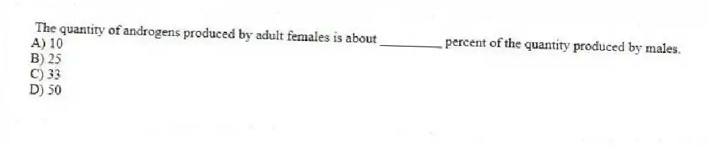 The quantity of androgens produced by adult females is about _________ percent of the quantity produced by males.
A) 10
B) 25
C) 33
D) 50