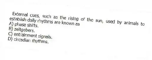 External cues, such as the rising of the sun, used by animals to establish daily rhythms are known as
A) phase shifts.
B) zeitgebers.
C) entrainment signals.
D) circadian rhythms.