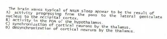 The brain waves typical of NREM sleep appear to be the result of
A) activity progressing from the pons to the lateral geniculate nucleus to the occipital cortex.
B) activity in the POA of the hypothalamus.
C) synchronization of cortical neurons by the thalamus.
D) desynchronization of cortical neurons by the thalamus.