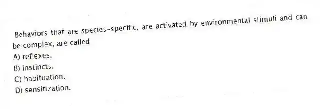 Behaviors that are species-specific, are activated by environmental stimuli and can be complex, are called
A) reflexes.
B) instincts.
C) habituation.
D) sensitization.