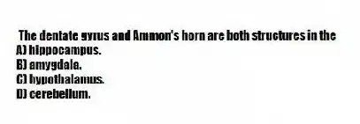 The dentate gyrus and Ammon's horn are both structures in the
A) hippocampus.
B) amygdala.
C) hypothalamus.
D) cerebellum.