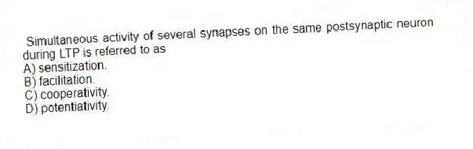 Simultaneous activity of several synapses on the same postsynaptic neuron during LTP is referred to as
A) sensitization.
B) facilitation.
C) cooperativity.
D) potentiativity.