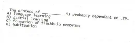 The process of __________ is probably dependent on LTP.
A) language learning
B) spatial learning
C) formation of flashbulb memories
D) habituation