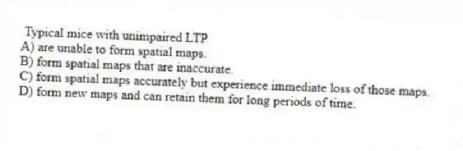 Typical mice with unimpaired LTP
A) are unable to form spatial maps.
B) form spatial maps that are inaccurate.
C) form spatial maps accurately but experience immediate loss of those maps.
D) form new maps and can retain them for long periods of time.