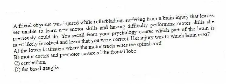 A friend of yours was injured while rollerblading, suffering from a brain injury that leaves her unable to learn new motor skills and having difficulty performing motor skills she previously could do. You recall from your psychology course which part of the brain is most likely involved and learn that you were correct. Her injury was to which brain area?
A) the lower brainstem where the motor tracts enter the spinal cord
B) motor cortex and premotor cortex of the frontal lobe
C) cerebellum
D) the basal ganglia