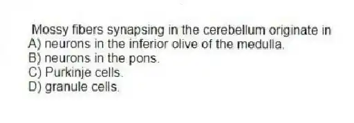 Mossy fibers synapsing in the cerebellum originate in
A) neurons in the inferior olive of the medulla.
B) neurons in the pons.
C) Purkinje cells.
D) granule cells.