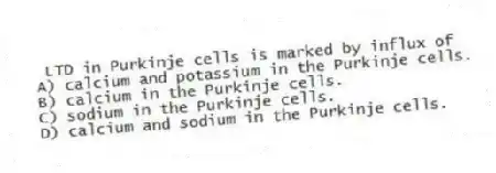 LTD in Purkinje cells is marked by influx of
A) calcium and potassium in the Purkinje cells.
B) calcium in the Purkinje cells.
C) sodium in the Purkinje cells.
D) calcium and sodium in the Purkinje cells.