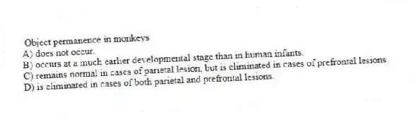 Object permanence in monkeys
A) does not occur.
B) occurs at a much earlier developmental stage than in human infants.
C) remains normal in cases of parietal lesion, but is eliminated in cases of prefrontal lesions.
D) is eliminated in cases of both parietal and prefrontal lesions.